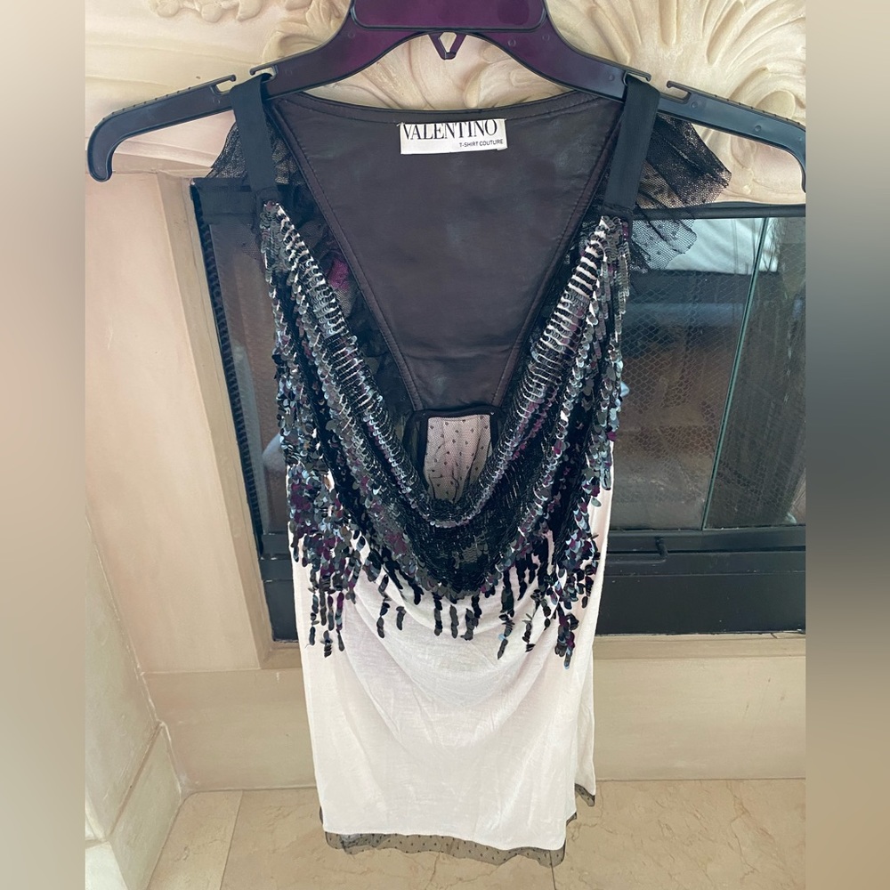 Valentino top with sequin and leather detail in black and cream
